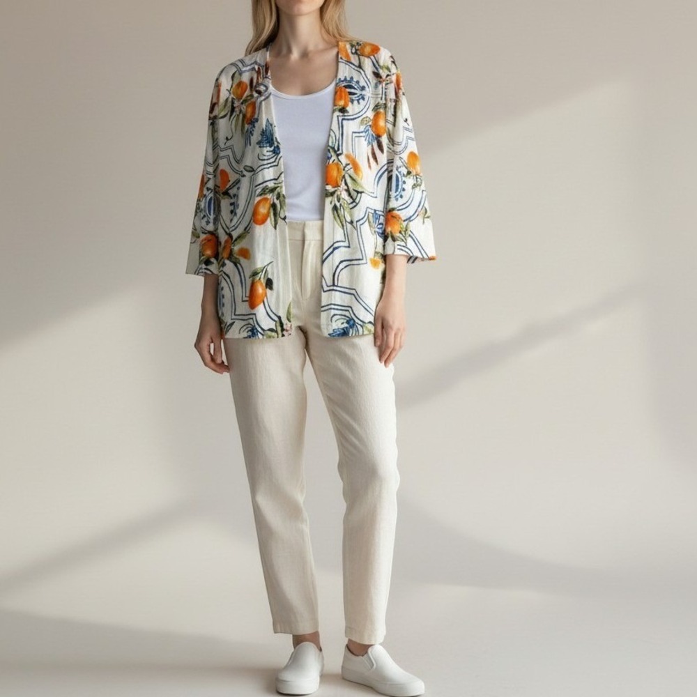 Chicos Orange Citrus Tile Print Open Front Cardigan Knit Kimono Topper Size 2 L